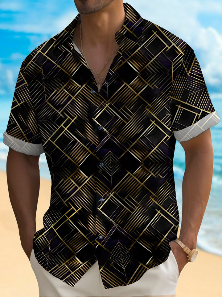 Alohadaddy Vintage Black Gold Geometric Line Art Print Chest Pocket Shirt Large Size Men&