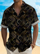 Alohadaddy Vintage Black Gold Geometric Line Art Print Chest Pocket Shirt Large Size Men's Shirt