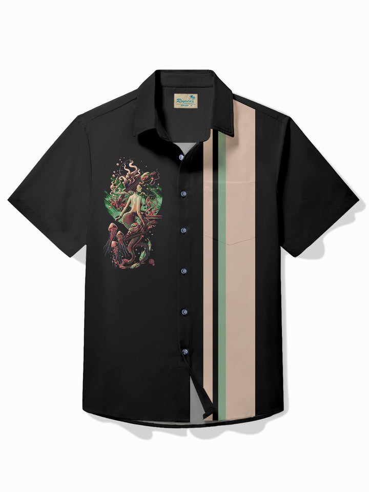 Alohadaddy Vintage Bowling Mermaid Print Chest Pocket Shirt Plus Size Men&