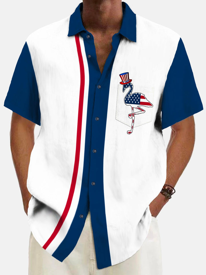 Alohadaddy Vintage Bowling American Flag Flamingo Print Chest Pocket Shirt Plus Size Men&