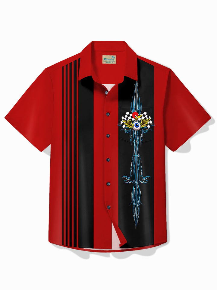 Alohadaddy Vintage Pinstripe flying eyeball Red Duck Panel BowLing Printed Chest Pocket Shirt Large Size Men&