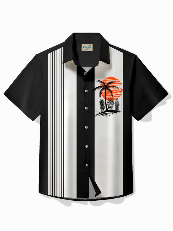 Alohadaddy Vintage Tiki Coconut Bowling Print Chest Pocket Hawaiian Shirt Plus Size Men&