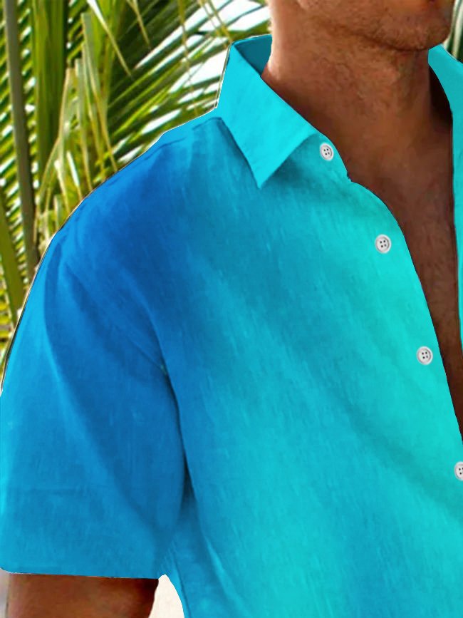 Alohadaddy Vintage Blue Gradient Print Chest Pocket Shirt Plus Size Men&