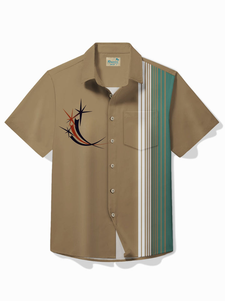 Alohadaddy Vintage Bowling Geometric Starburst Print Chest Pocket Shirt Plus Size Men&