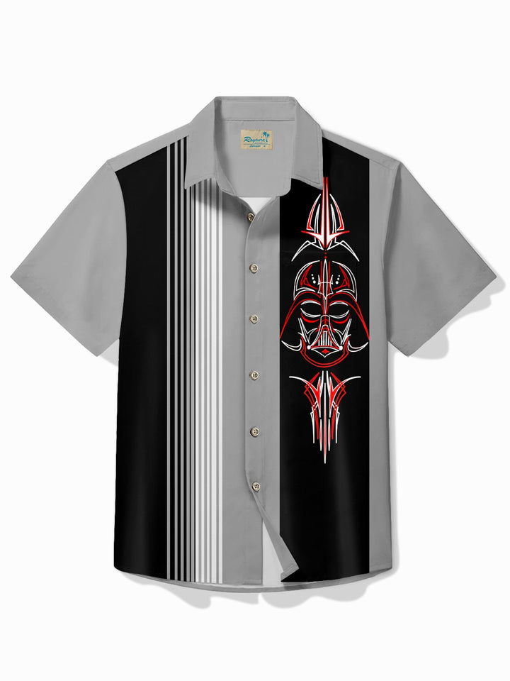 Alohadaddy Vintage Bowling Pinstripe Samurai Print Chest Pocket Shirt Plus Size Men&