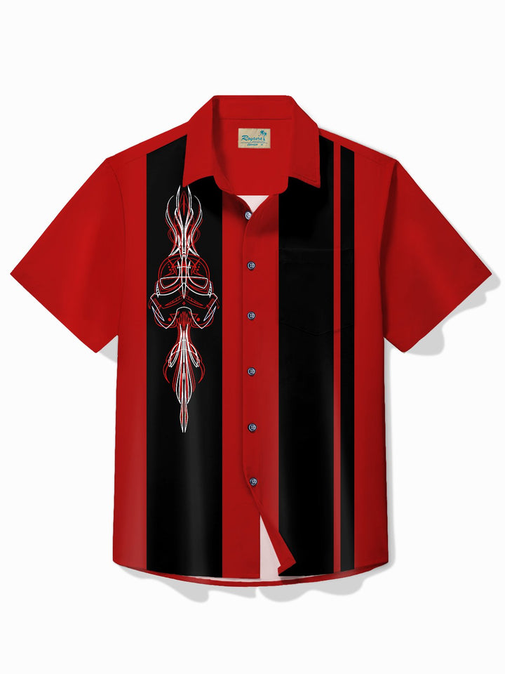 Alohadaddy Vintage Bowling Pinstripe Samurai Print Chest Pocket Shirt Plus Size Men&