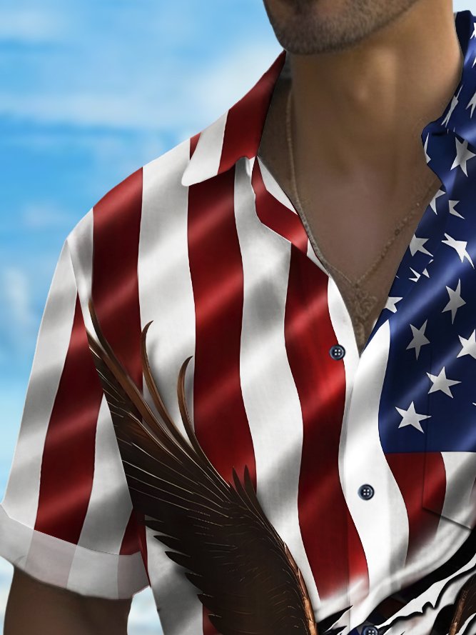 Camisa de manga corta transpirable informal con estampado de águila y bandera del Día de la Independencia para hombre de Alohadaddy Holiday, talla grande