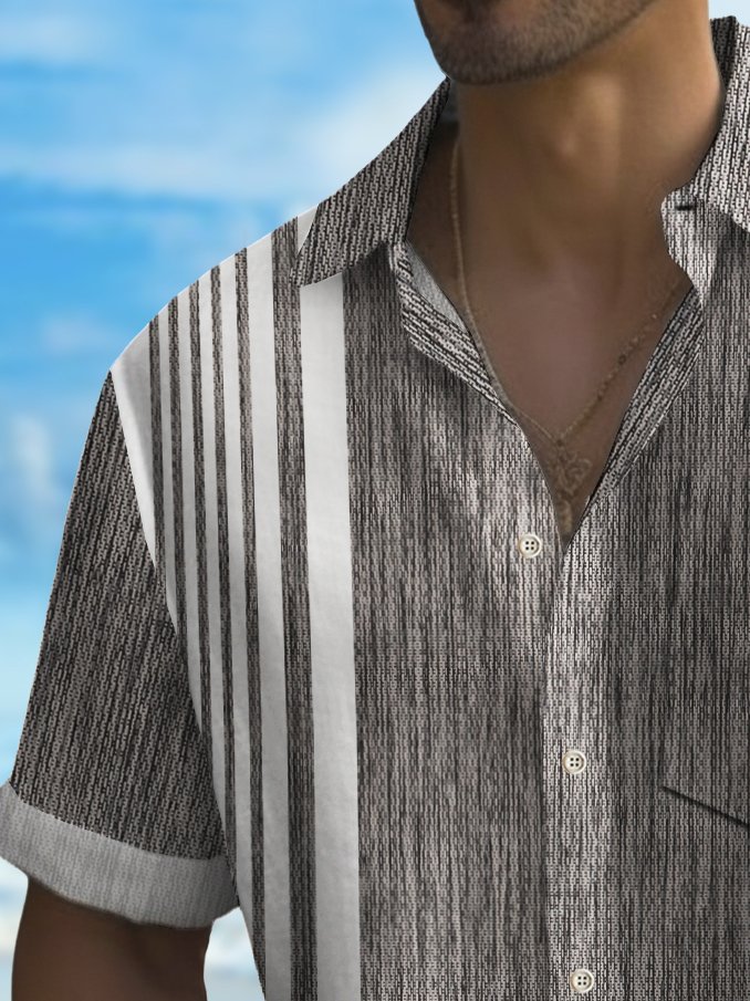 Alohadaddy Vintage Bowling Abstract Texture Line Print Chest Pocket Shirt Plus Size Men&