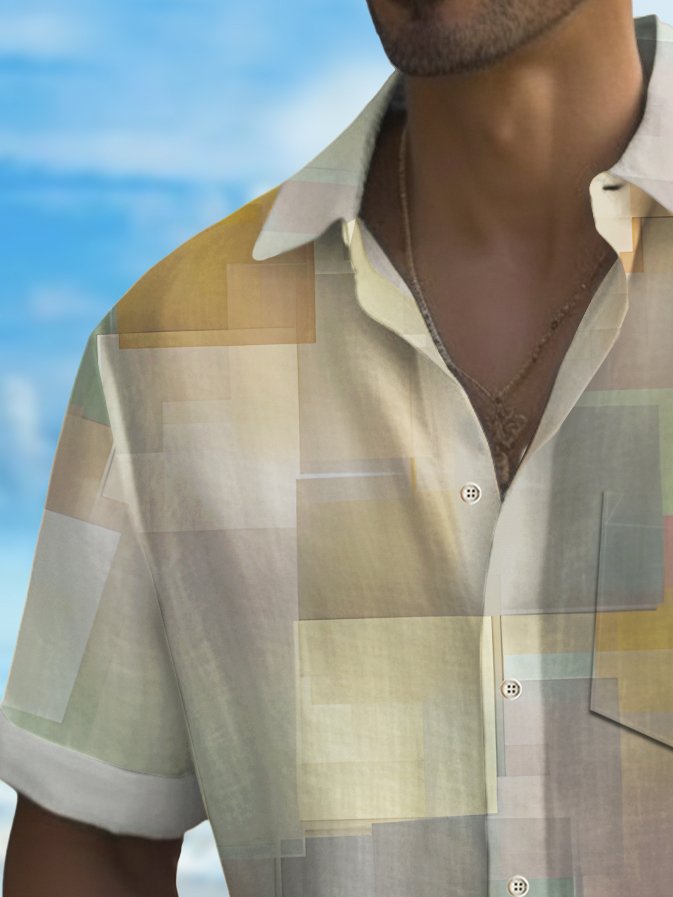 Alohadaddy Vintage Geometric Texture Print Chest Pocket Shirt Plus Size Men&