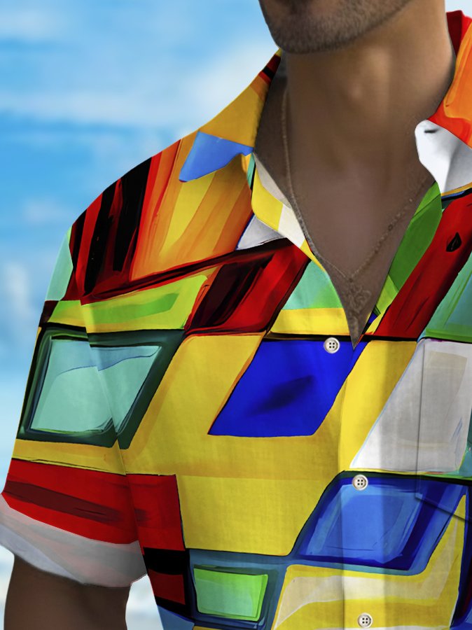 Alohadaddy Vintage Abstract Geometric Texture Print Chest Pocket Shirt Plus Size Men&