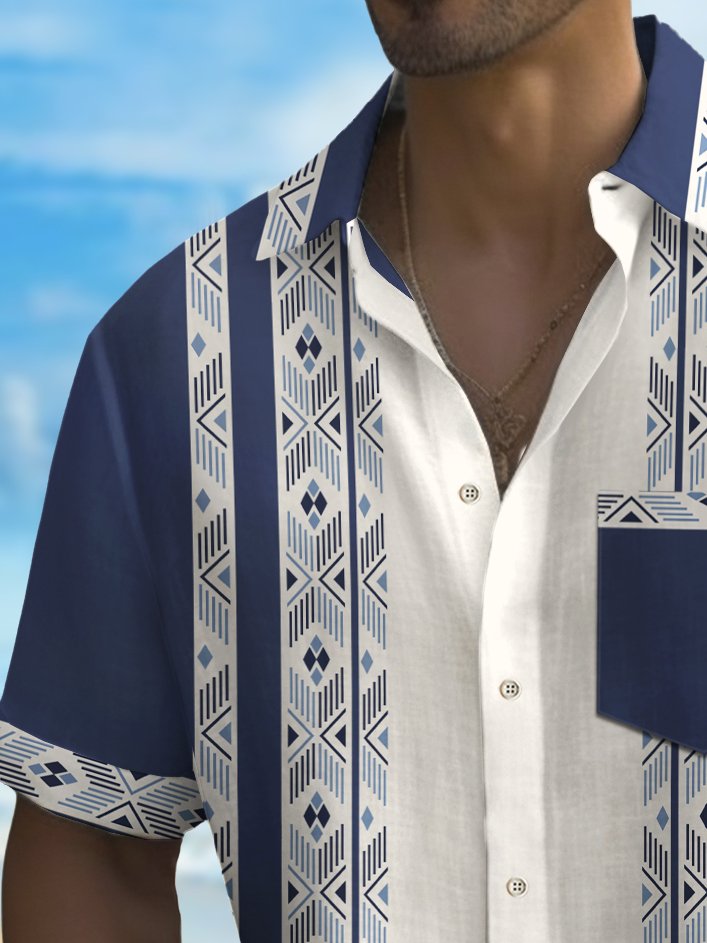 Alohadaddy Vintage Bowling Ethnic Pattern Stripe Print Chest Pocket Shirt Plus Size Men&