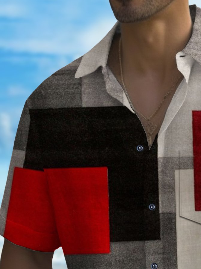 Alohadaddy Vintage Geometric Art Print Chest Pocket Shirt Plus Size Men&