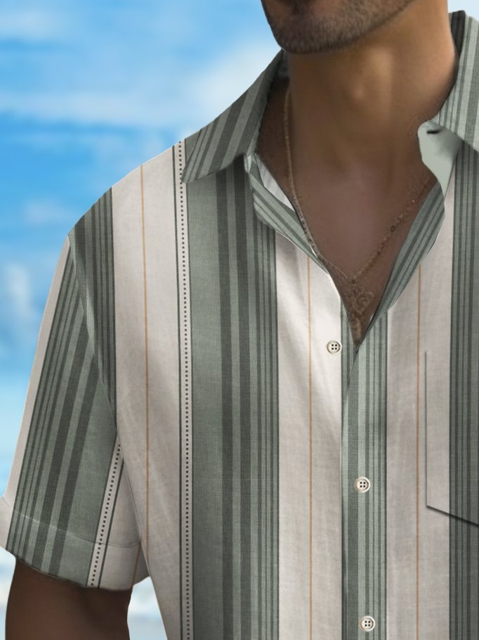 Alohadaddy Vintage Striped Print Chest Pocket Shirt Plus Size Men&