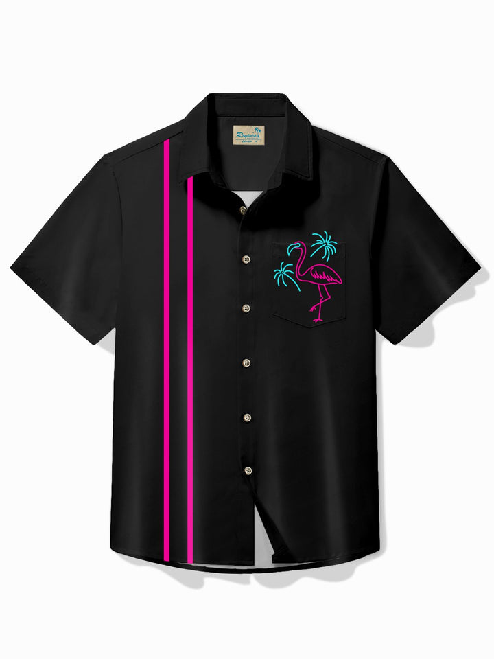 Alohadaddy Vintage Bowling Flamingo Line Print Chest Pocket Shirt Large Size Men&