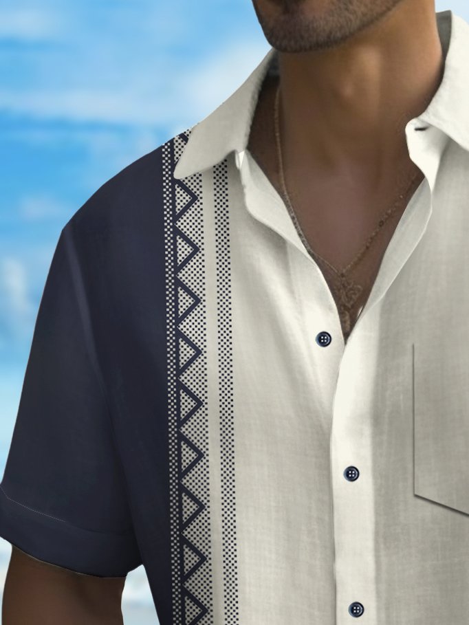 Alohadaddy Vintage Bowling Abstract Stripe Print Chest Pocket Shirt Plus Size Men&