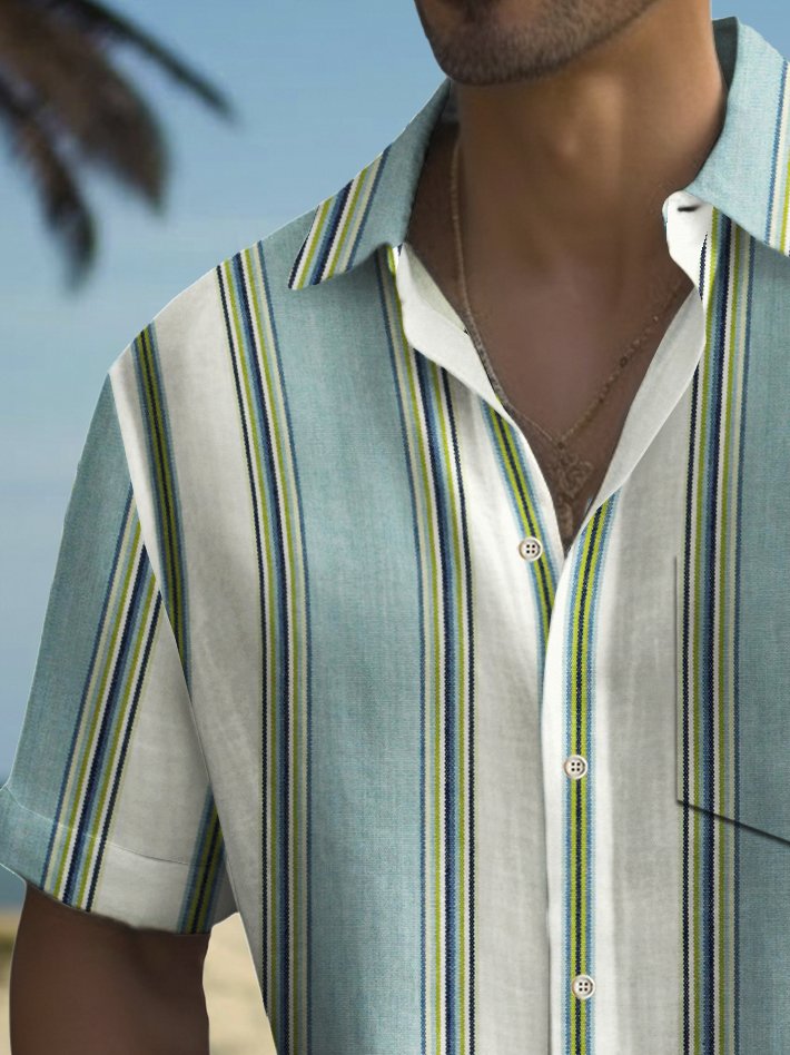 Camisa de hombre de manga larga con bolsillo en el pecho y estampado de rayas estilo bolos vintage de Alohadaddy