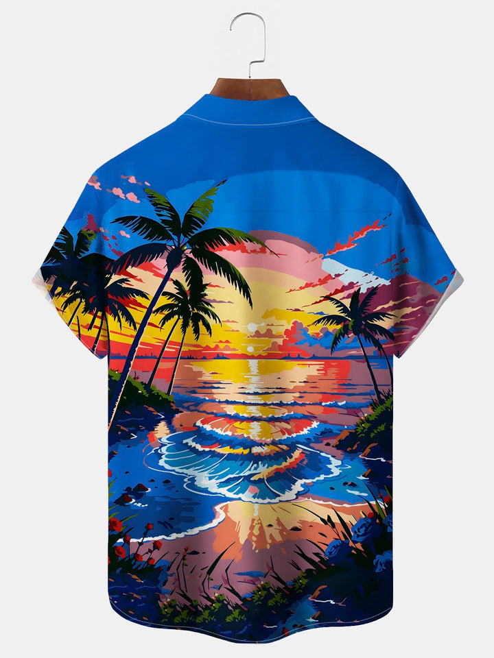 Camisa hawaiana de vacaciones en la playa Alohadaddy para hombre, camisa de camping con bolsillo y estampado de árboles de coco y puesta de sol en la playa, talla grande