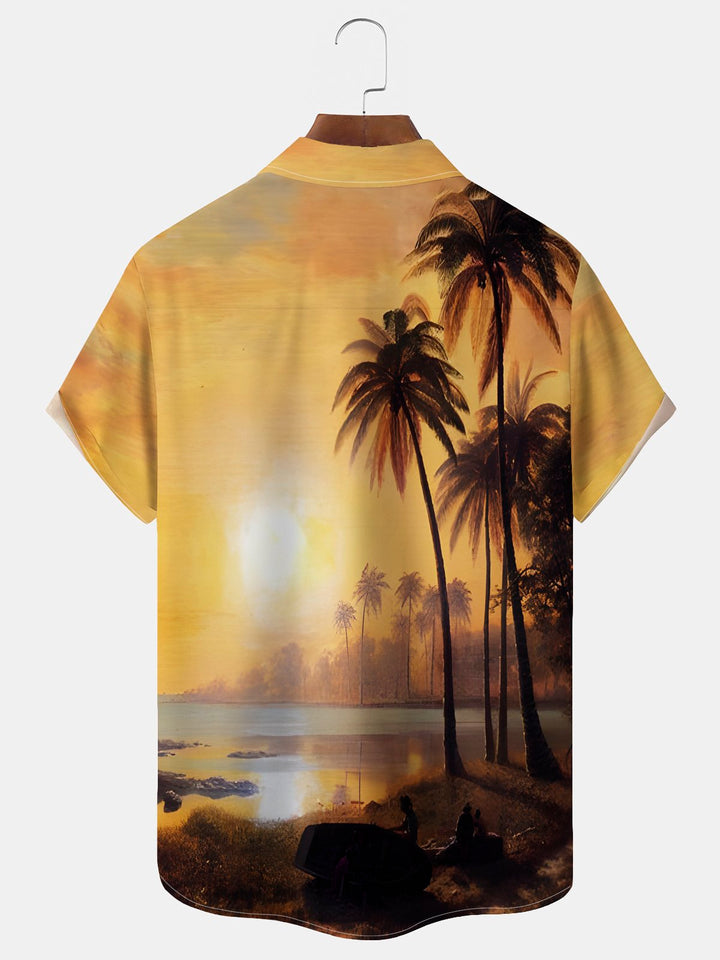 Camisa hawaiana de vacaciones en la playa Alohadaddy para hombre, camisa de camping con bolsillo y estampado de árboles de coco y puesta de sol en la playa, talla grande