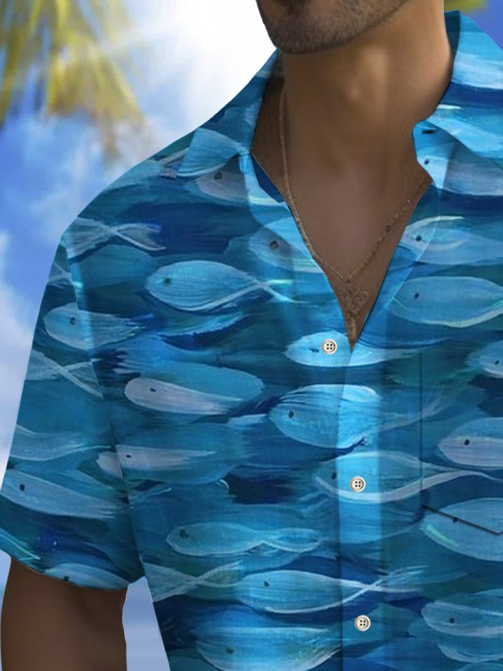 Camisa hawaiana con estampado de peces y bolsillo para acampar para hombre de Alohadaddy Beach Vacation, talla grande