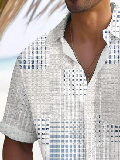 Alohadaddy Vintage Geometric Texture Print Chest Pocket Men&