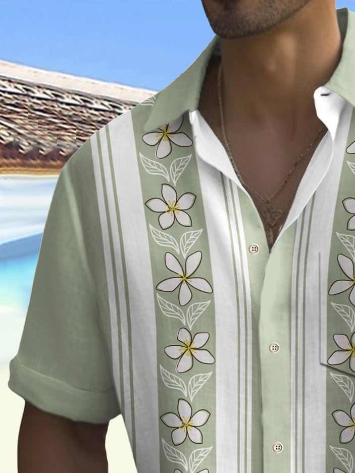 Alohadaddy Vintage Bowling Floral Stripe Print Chest Pocket Men&
