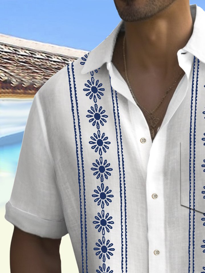 Alohadaddy Vintage Bowling Ethnic Floral Stripe Print Chest Pocket Men&