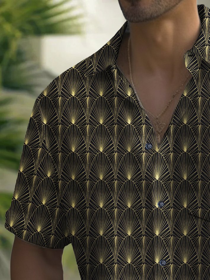 Camisa de hombre Alohadaddy vintage con estampado geométrico en dorado y negro y bolsillo en el pecho, talla grande