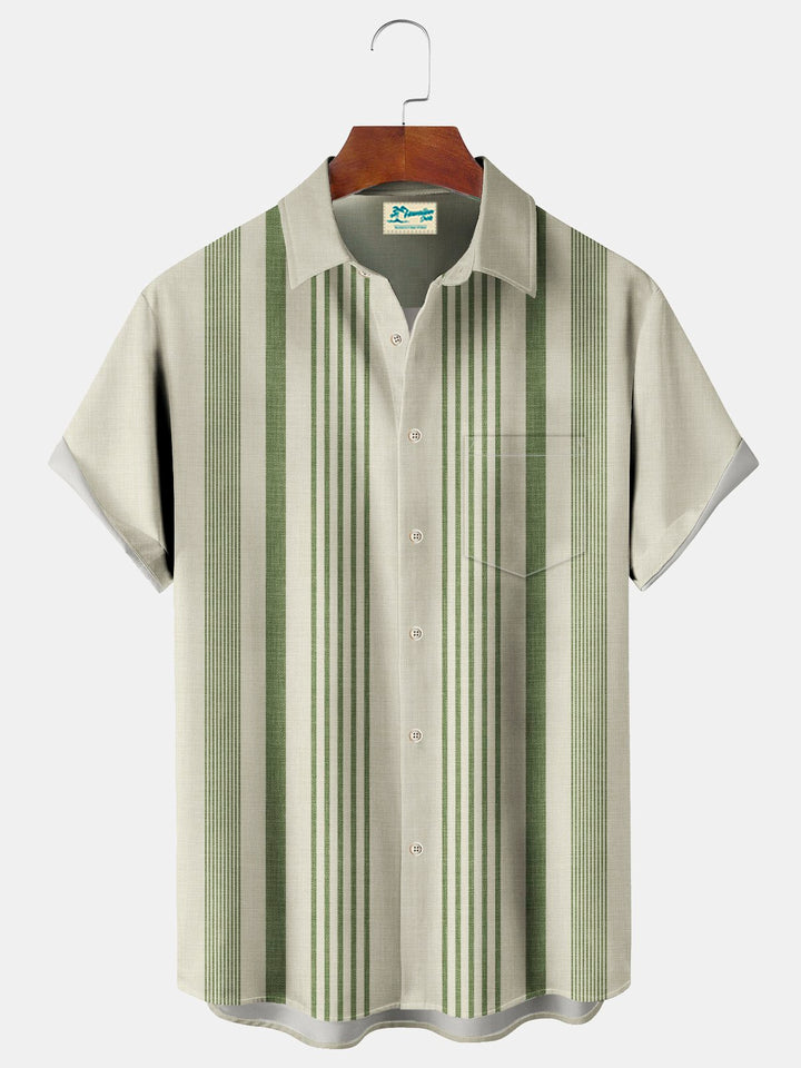 Camisa de hombre de manga larga con bolsillo en el pecho y estampado de rayas estilo bolos vintage de Alohadaddy