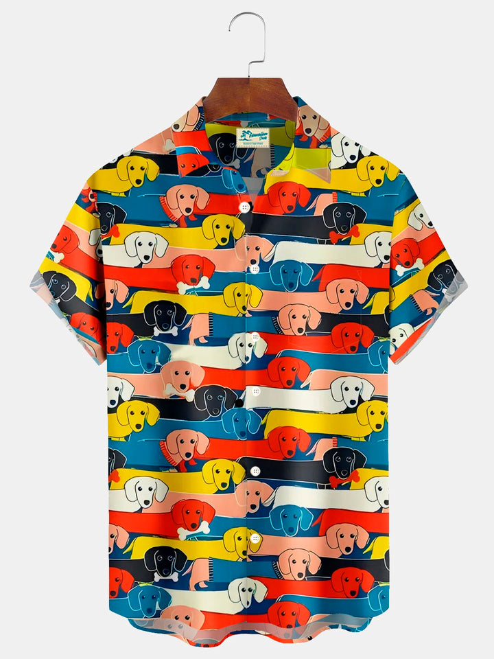 Camisa de manga corta con bolsillo y botones para hombre, con estampado digital 3D de perro divertido y dibujos animados retro de Alohadaddy, talla grande y alta