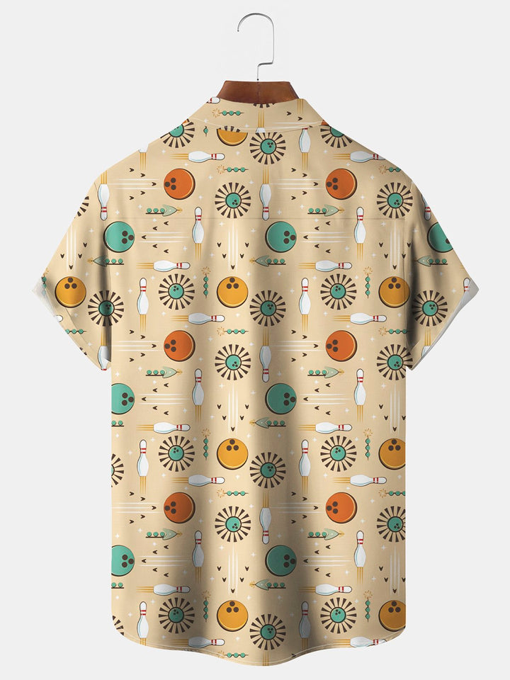 Alohadaddy Vintage Geometric Bowling Print Chest Pocket Men&