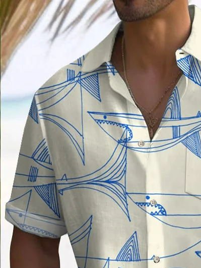 Camisa de cuello alto con bolsillo en el pecho y estampado de rayas de peces vintage para hombre de Alohadaddy, talla grande