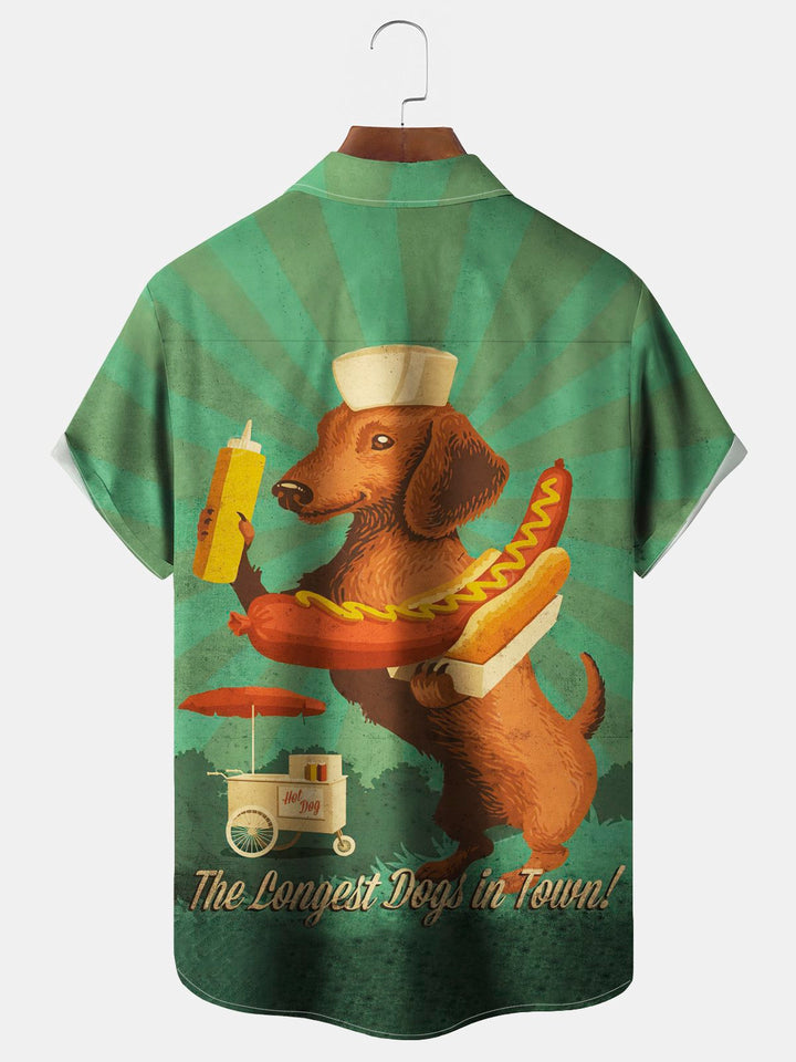 Camisa alta para hombre con bolsillo en el pecho y estampado artístico de hot dog vintage de Alohadaddy