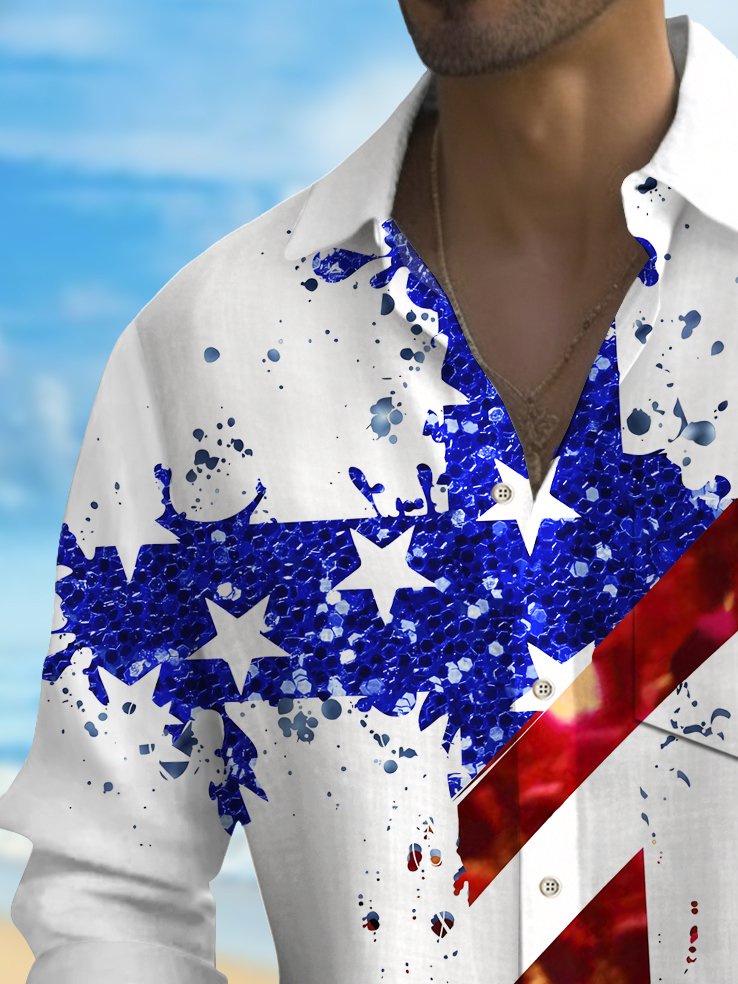 Alohadaddy Vintage Flag Cross Print Chest Pocket Shirt Plus Size Men&