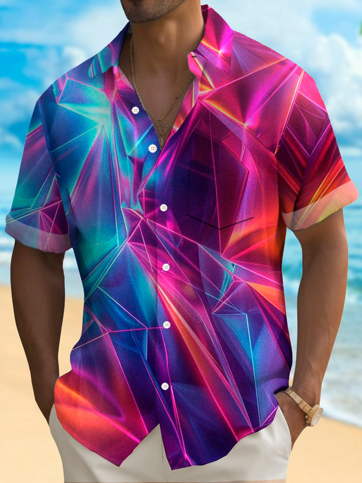 Camisa de manga corta con bolsillo abotonado y estampado digital 3D con arte abstracto degradado hawaiano Alohadaddy para hombre, talla grande y alta