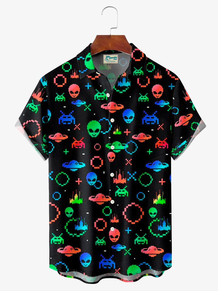 Camisa de manga corta con bolsillo y botones para hombre, con estampado digital 3D de dibujos animados retro de extraterrestres de Alohadaddy, talla grande y alta