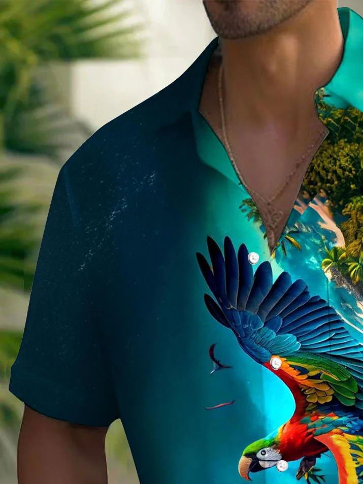Camisa hawaiana para hombre Alohadaddy Beach Vacation con estampado de loros y bolsillo para acampar, talla grande