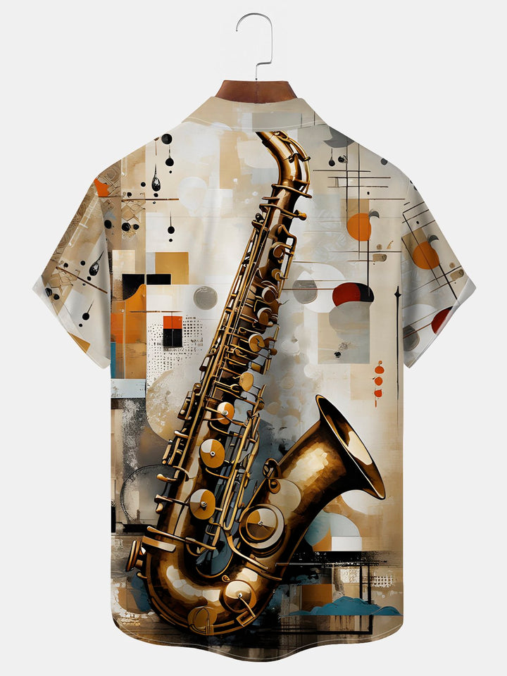 Alohadaddy Vintage Musical Instrument Print Chest Pocket Shirt Plus Size Men&