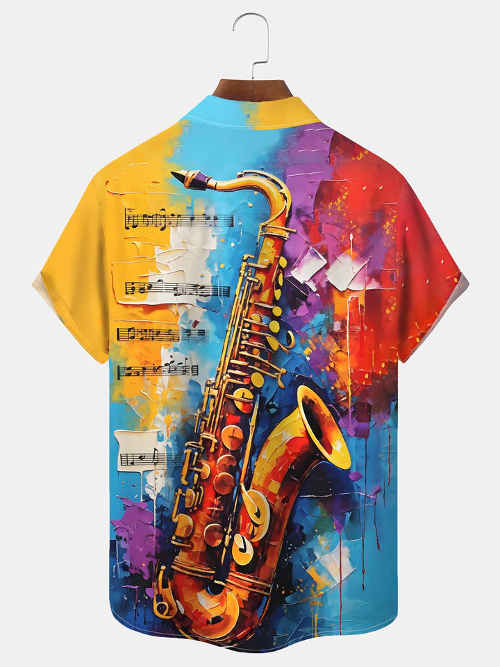 Alohadaddy Vintage Musical Instrument Print Chest Pocket Shirt Plus Size Men&