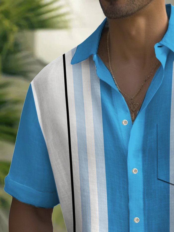 Alohadaddy Vintage Bowling Stripe Print Chest Pocket Shirt Plus Size Men&