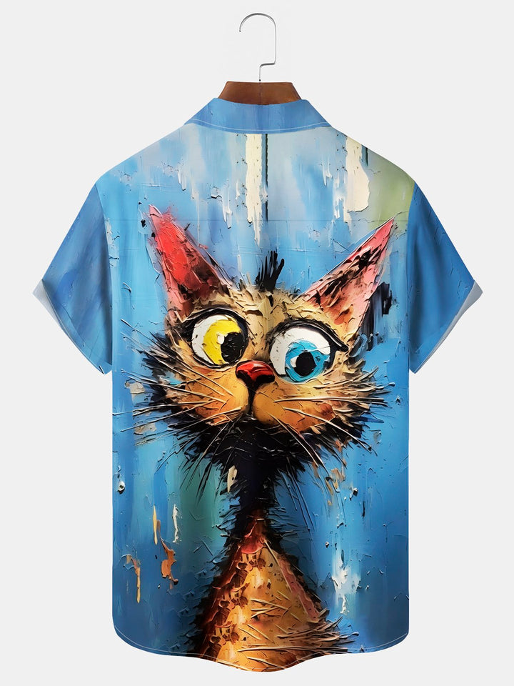 Alohadaddy Vintage Cat Print Chest Pocket Shirt Plus Size Men&