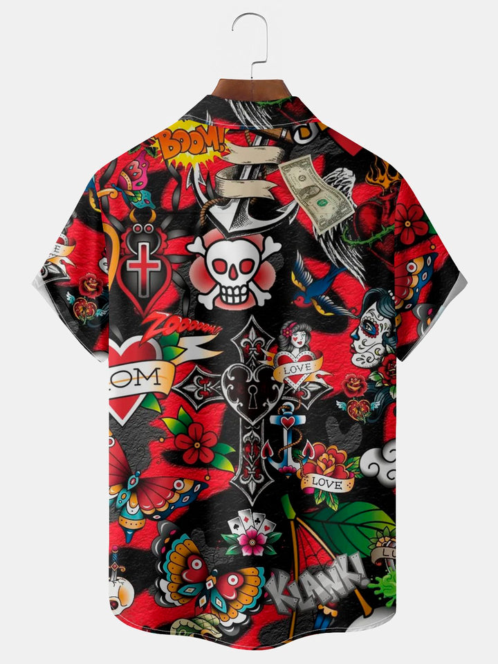 Alohadaddy Vintage Tattoo Print Chest Pocket Shirt Plus Size Men&