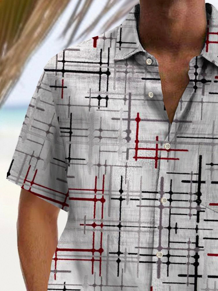 Alohadaddy Vintage Geometric Texture Print Chest Pocket Shirt Plus Size Men&