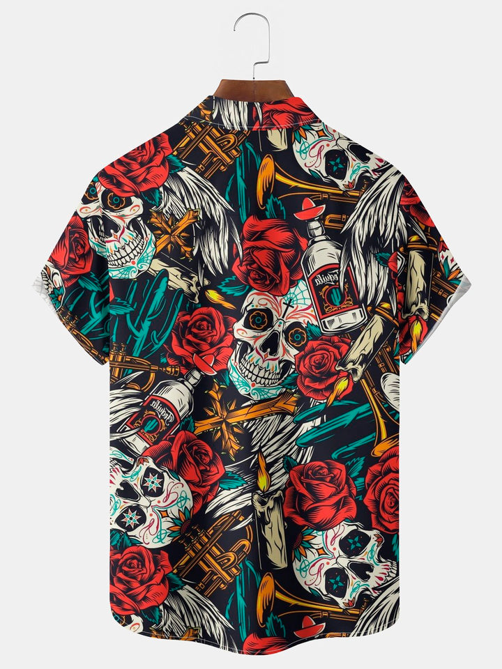 Alohadaddy Vintage Skull Tattoo Print Chest Pocket Shirt Plus Size Men&
