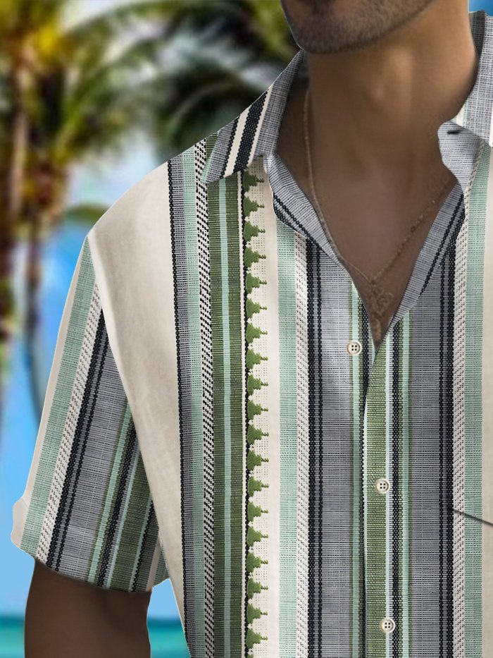 Alohadaddy Vintage Bowling Stripe Print Chest Pocket Shirt Plus Size Men&