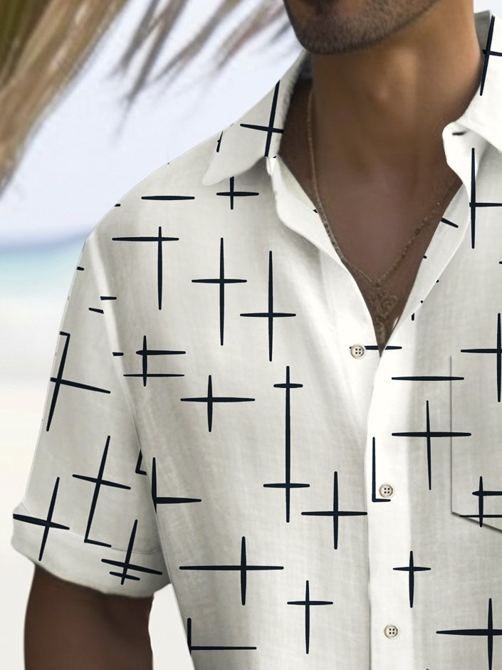 Alohadaddy Vintage Geometric Starburst Print Chest Pocket Shirt Plus Size Men&