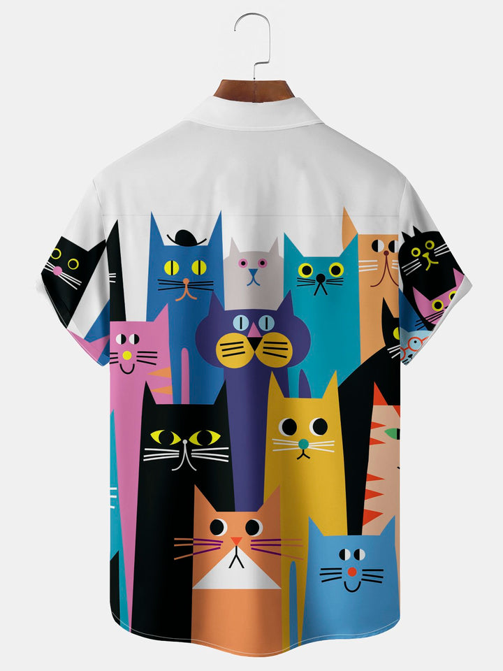Alohadaddy Vintage Cartoon Cat Print Chest Pocket Shirt Plus Size Men&