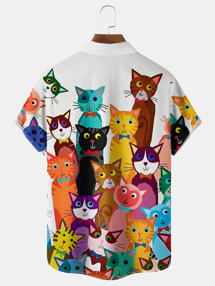Alohadaddy Vintage Cat Print Chest Pocket Shirt Plus Size Men&