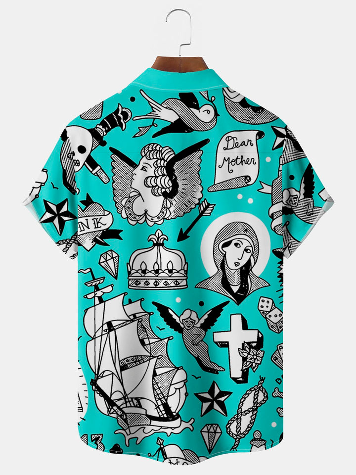 Camisa hawaiana con estampado de tatuajes y bolsillo para acampar para hombre de Alohadaddy Beach Vacation, talla grande