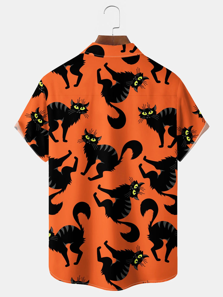 Camisa elástica con bolsillo en el pecho y estampado de gato de Halloween para hombre de Alohadaddy, talla grande