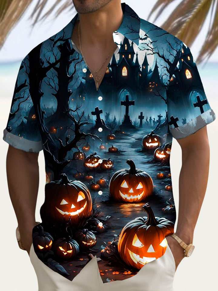 Camisa de manga corta con bolsillo abotonado y estampado digital 3D con degradado de murciélago y calabaza de Halloween de Alohadaddy para hombre, talla grande y alta